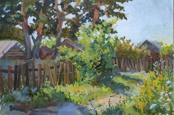 Деревенские домики у сосен