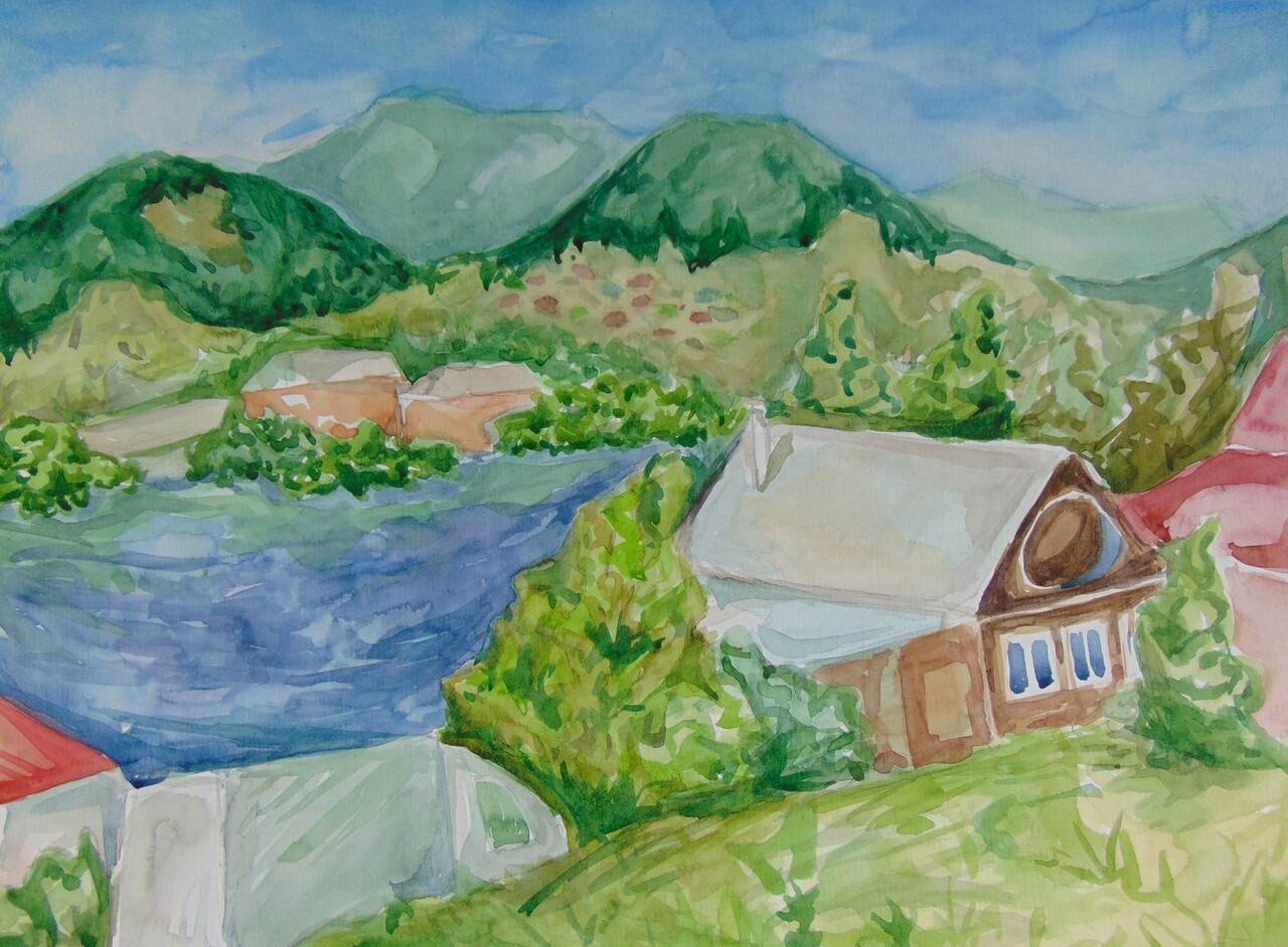 Улица у пруда, акварель, живопись, 30х40 см, 2021 год
