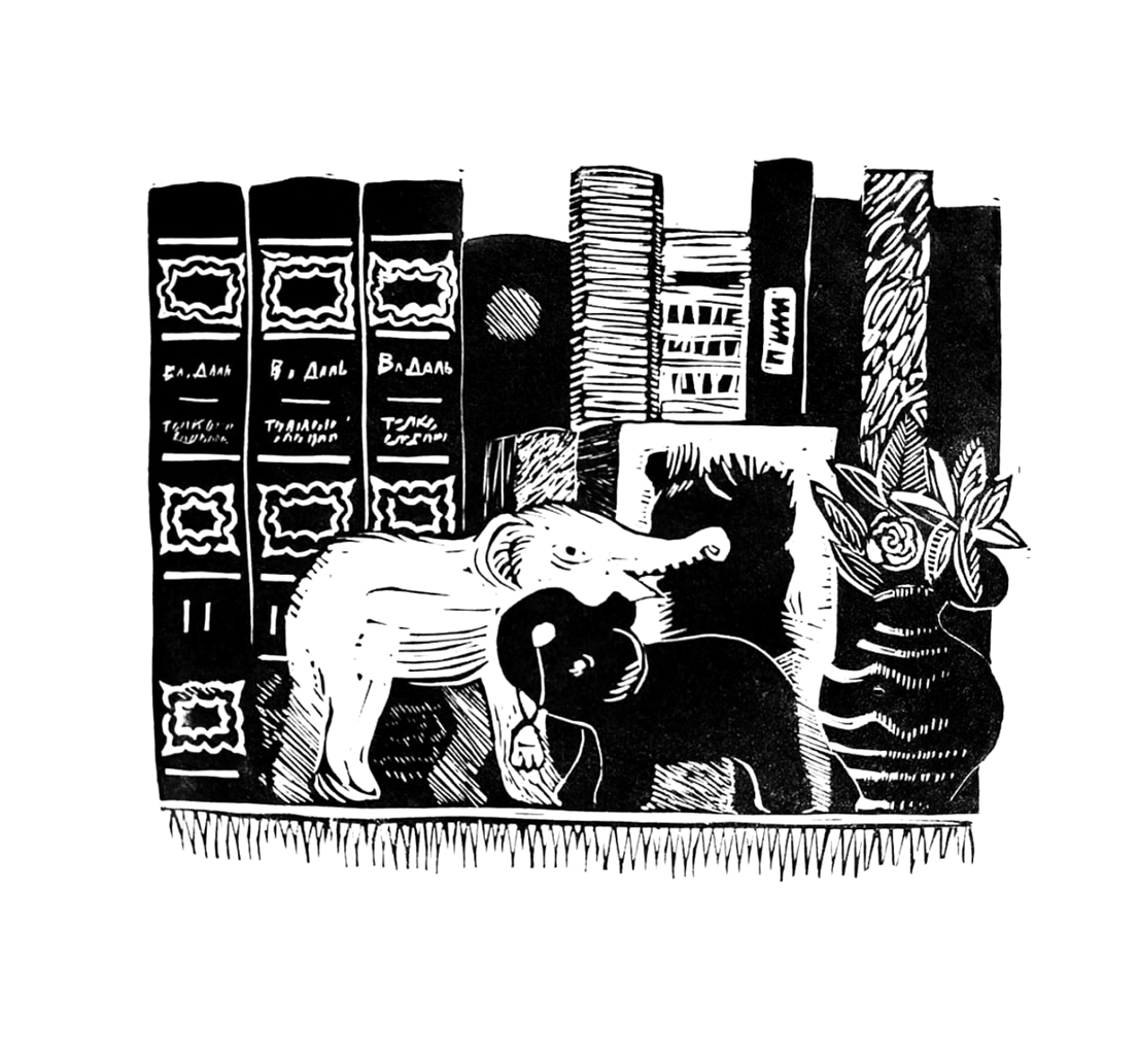 Натюрморт на книжной полке. Два слона