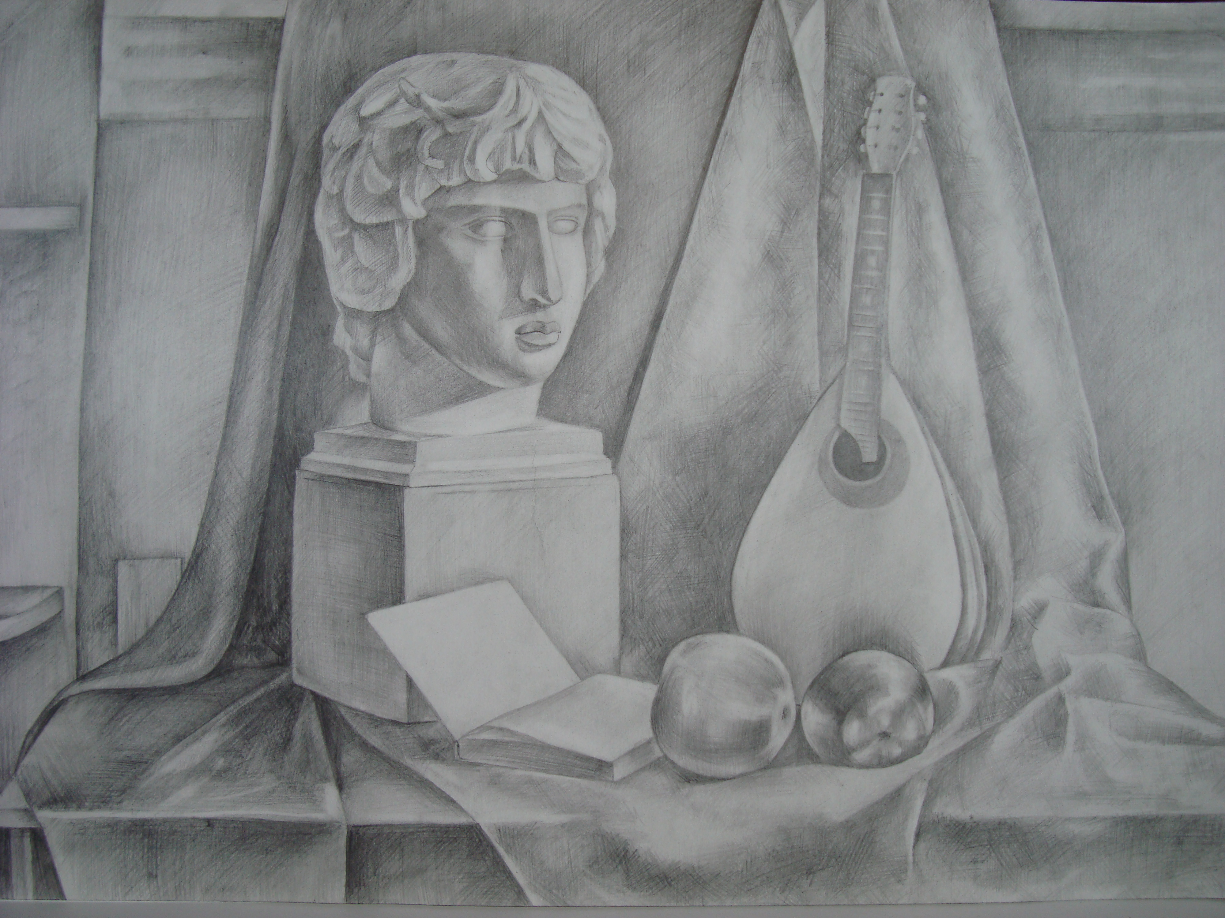 Натюрморт с гипсовой головой карандашом Нефертити