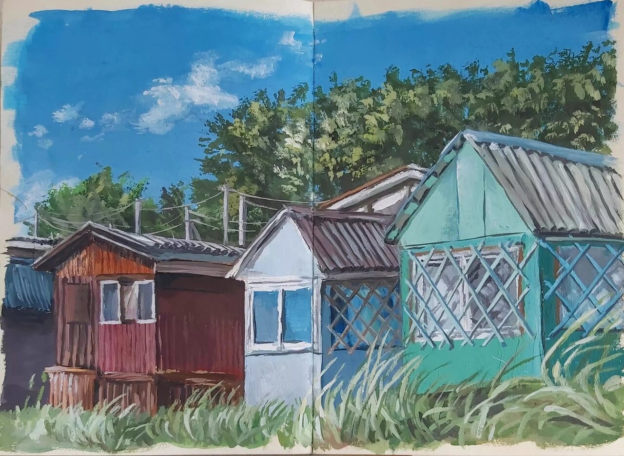 Пленэр. Домики на турбазе (вид с пляжа)