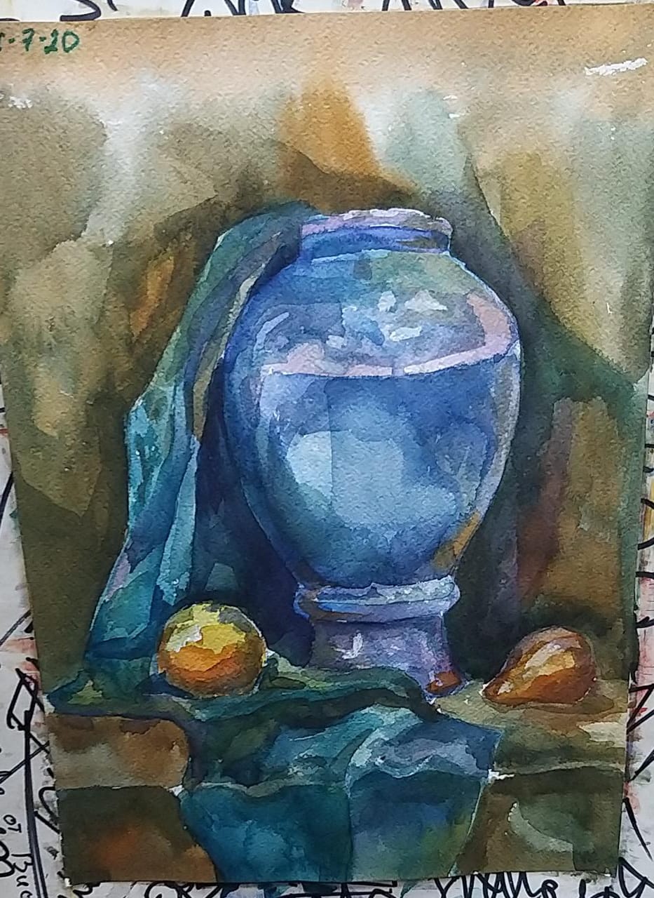 Синяя ваза акварелью