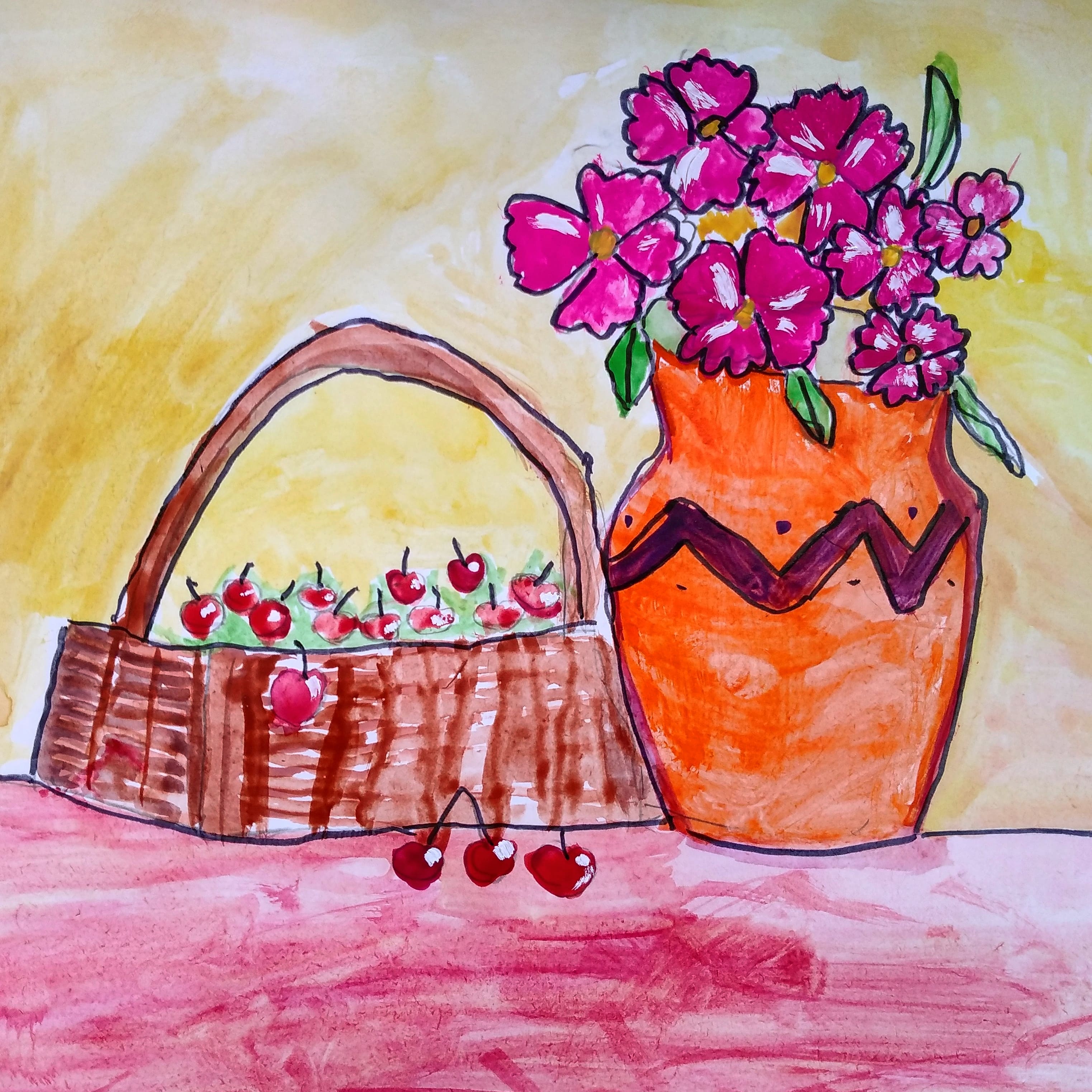 Корзина с вишней и ваза с цветами