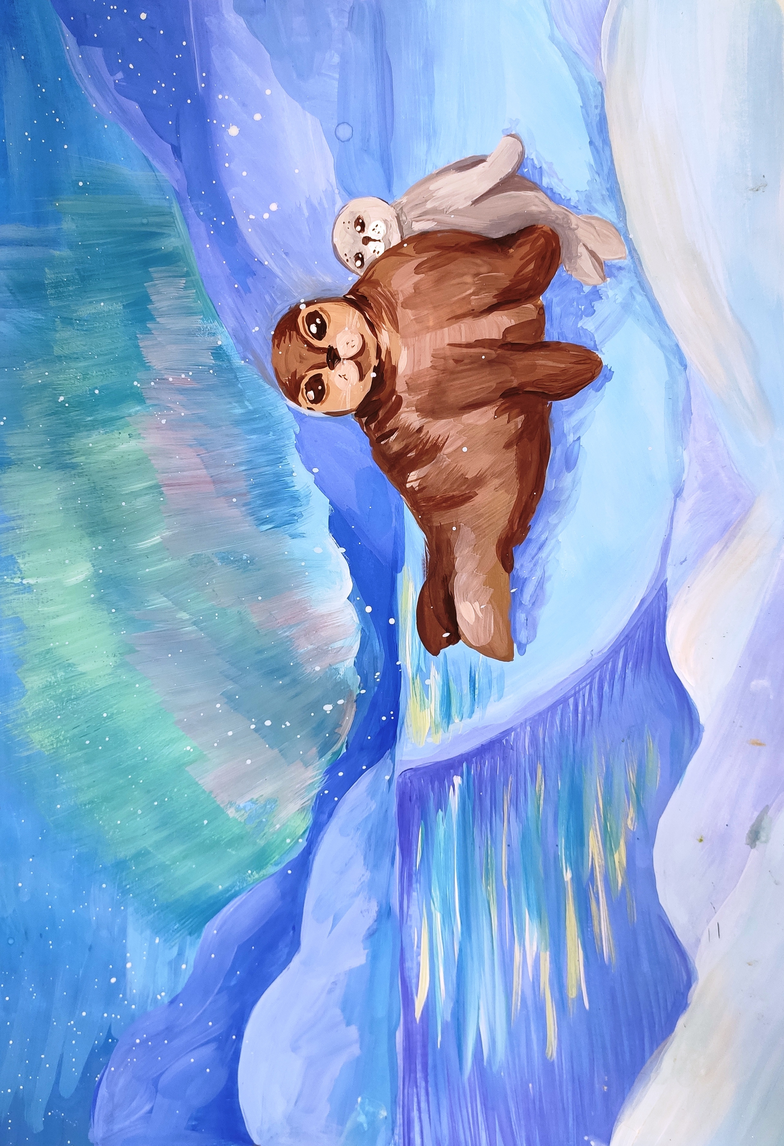Тюлень на фоне Северного сияния рисунок