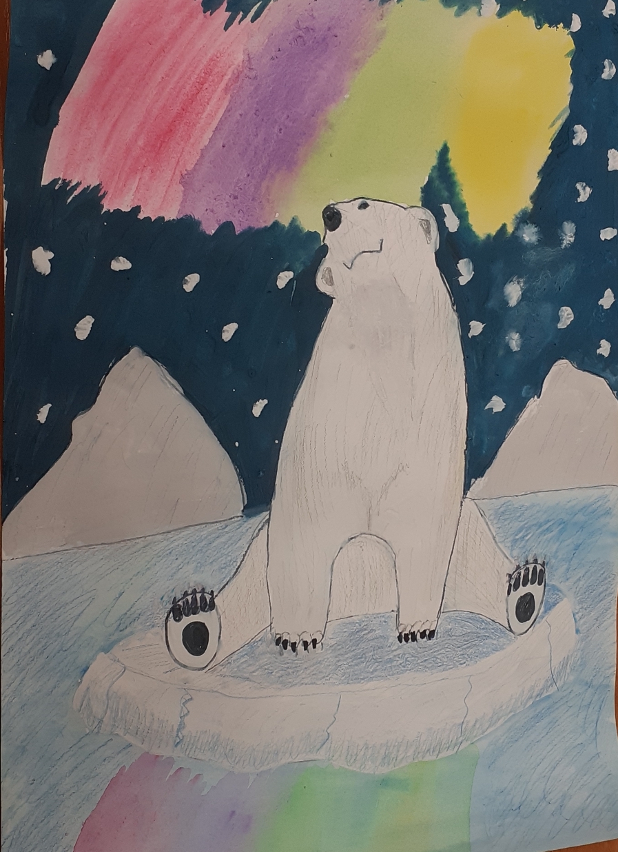 Белый медведь любуется северным сиянием