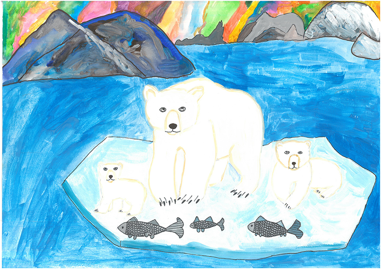 Белый медведь на льдине Северное сияние